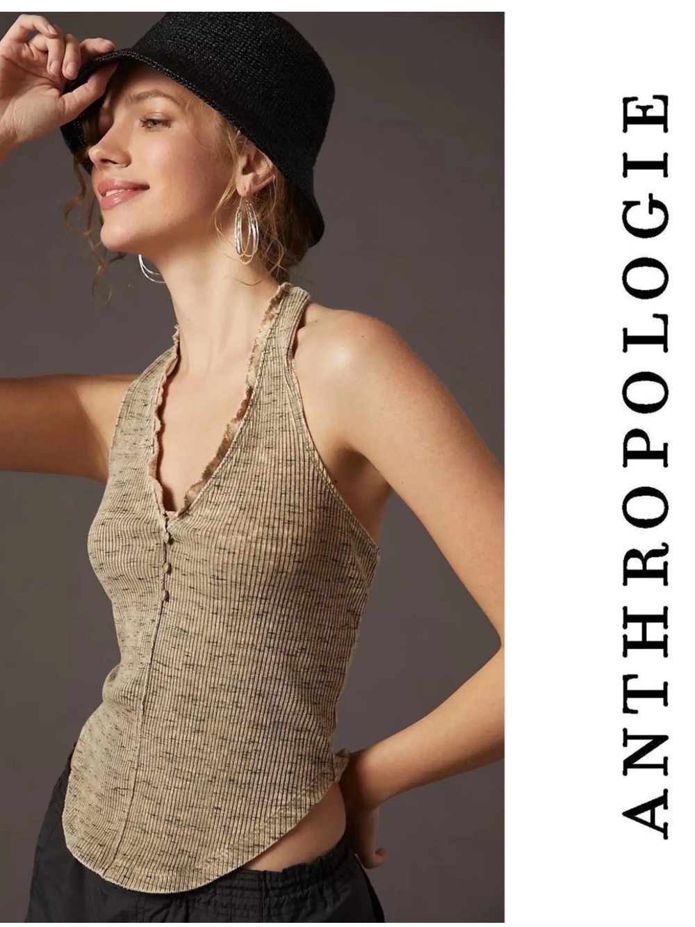 Anthropologie green Henley Ribbed Halter Tank with Button Front small